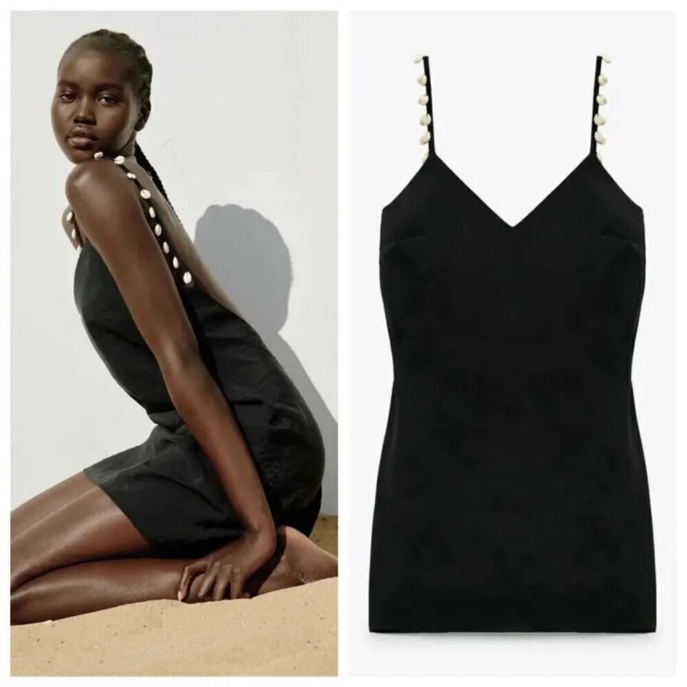 ZARA BLACK CAMISOLE TANK MINI DRESS WITH BEADED SEASHELLS REF.3564/156